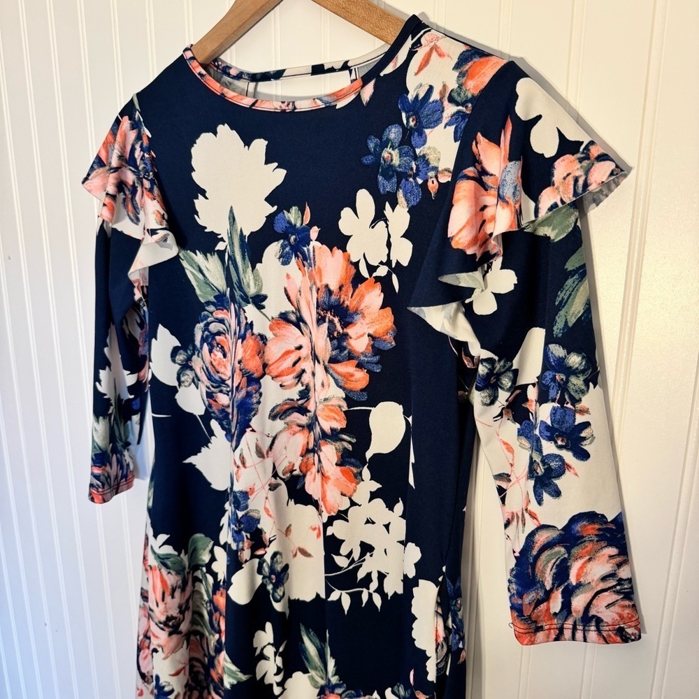 Annabelle Womens Floral 3/4 Sleeve Dress with Ruffled Shoulders & Pockets Size S - Picture 2 of 11